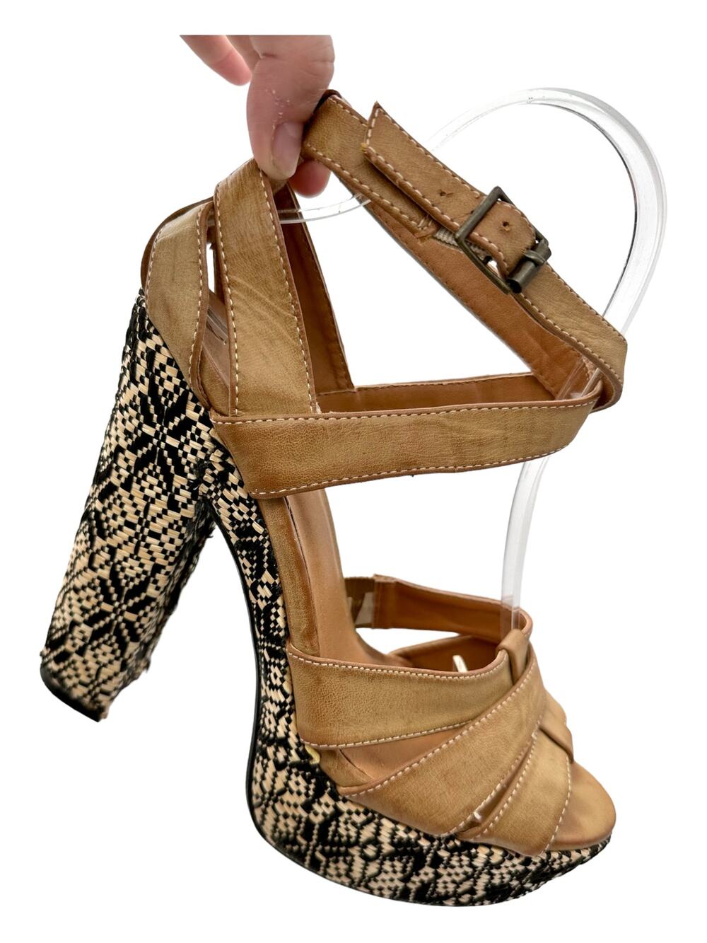 Qupid Woven Native Chunky Block Heel Platform Black / Tan Women's Size: 9